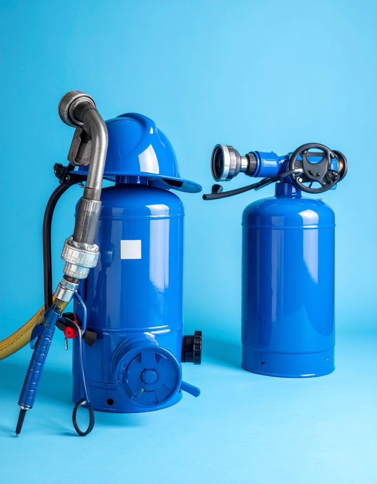 Blue fire fighting equipment, blue background 954047