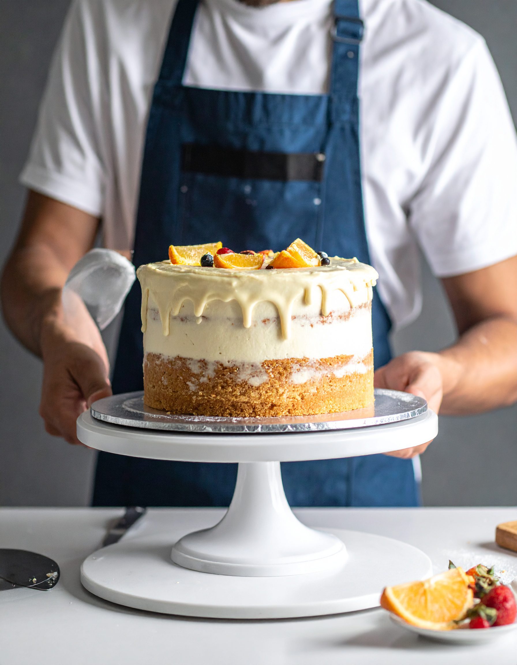 Firefly_man cooking a cake with a blue apron on 680400